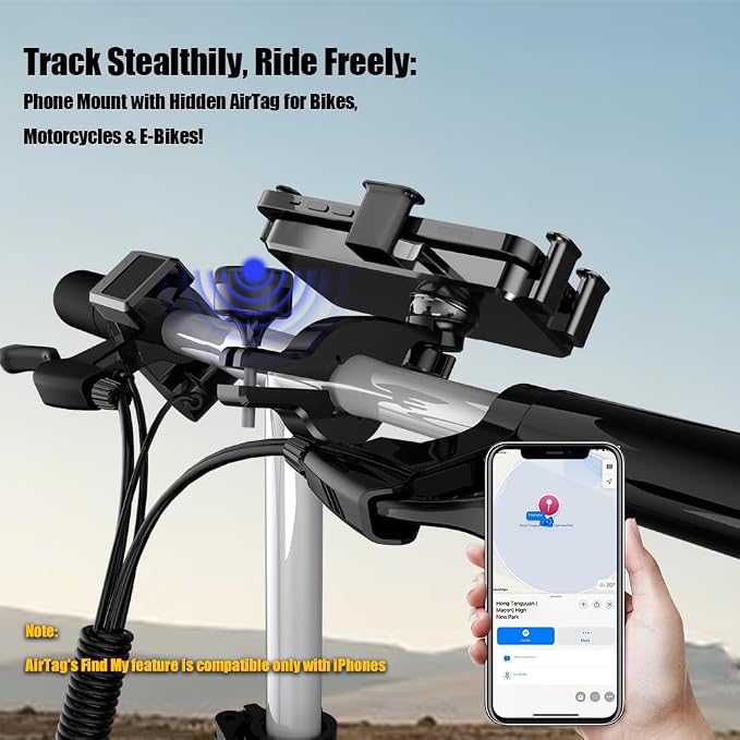 Anti-Theft Ebike Cell Phone Bike Mount,iPhone Bike Mount with Hidden Airtag,Road Bike Cellphone Mount for Scooter&Stroller,Bicycle Phone Holder for Bike Handlebar(C018)