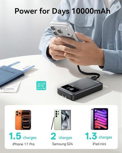 MOKiN 10000mAh 40W 3-in-1 Portable Phone Charger with Foldable Plug, Built-in USB-C Cable & LCD Display, All-in-One Power Bank for Travel Daily Use Compatible with iPhone 17/16/15 Series, Samsung