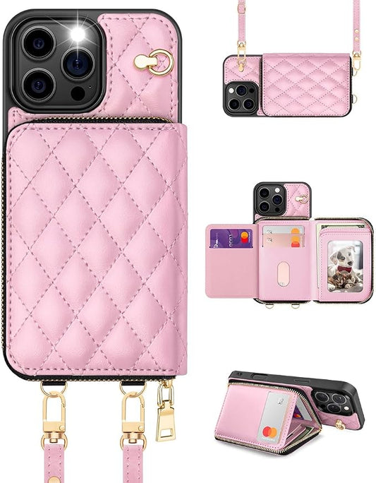 OCASE Compatible with iPhone 16 Pro Crossbody Wallet Case with Card Holder, PU Leather Zipper Handbag Phone Purse with RFID Blocking Kickstand Wrist Strap Lanyard 6.3 Inch, Diamond Check Pink