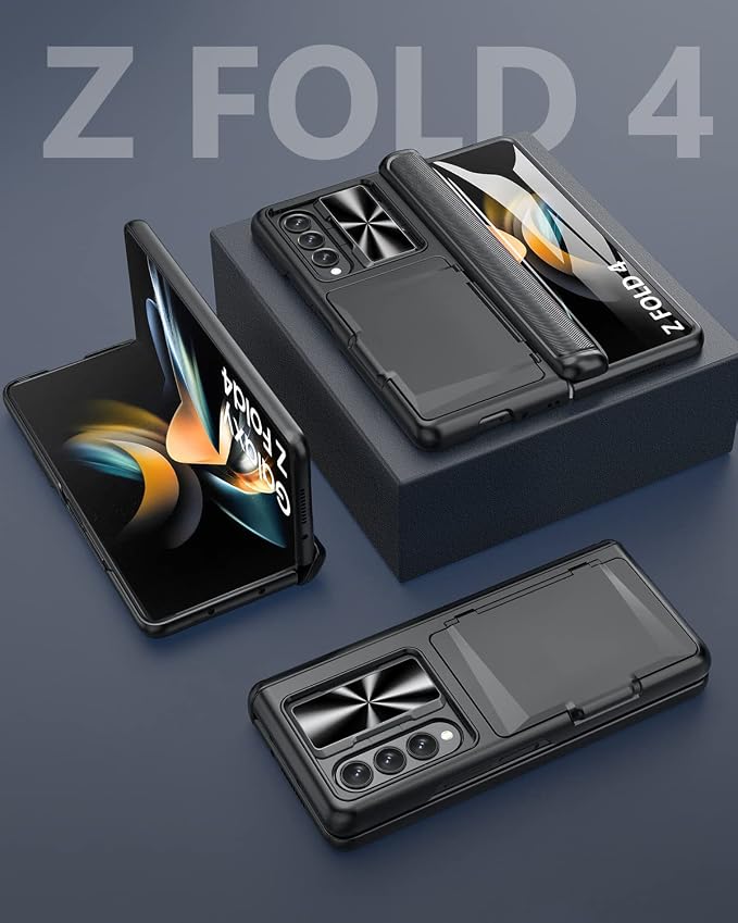 Viaotaily for Galaxy Z Fold 4 Case with Card Holder & Hinge Protection & Slide Camera Lens Cover & Screen Protector, Durable Sturdy Phone Case for Galaxy Z Fold 4 5G 2022 (Black)