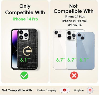 CUSTYPE for iPhone 14 Pro Phone Wallet Case with Card Holder,Ring Holder Kickstand Card Slots Case,Women and Men for iPhone 14 Pro 6.1"-Black