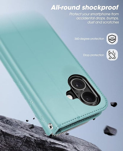 OCASE for iPhone 17 Crossbody Wallet Case - Stylish PU Leather Handbag Phone Purse with Zipper Closure, Card Slots & RFID Blocking - Wrist Strap, Lanyard, Kickstand - Diamond Check Green