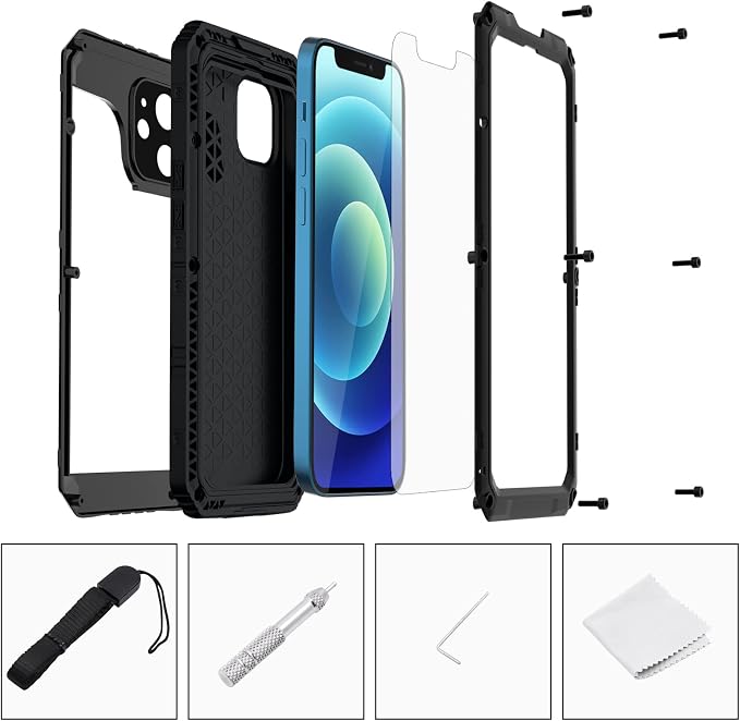 Mitywah Waterproof Case for iPhone 12, Heavy Duty Shockproof Case with Built-in Screen Protector, Full Body Underwater Protective Metal Case 6.1 inch, Black