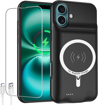 Battery Case for iPhone 16,Upgraded 10000mAh High Capacity Rechargeable Portable Protective Extended Charger Case Wireless Charging Compatible with iPhone 16 (6.1 inch) Charging Case & Carplay (Black)