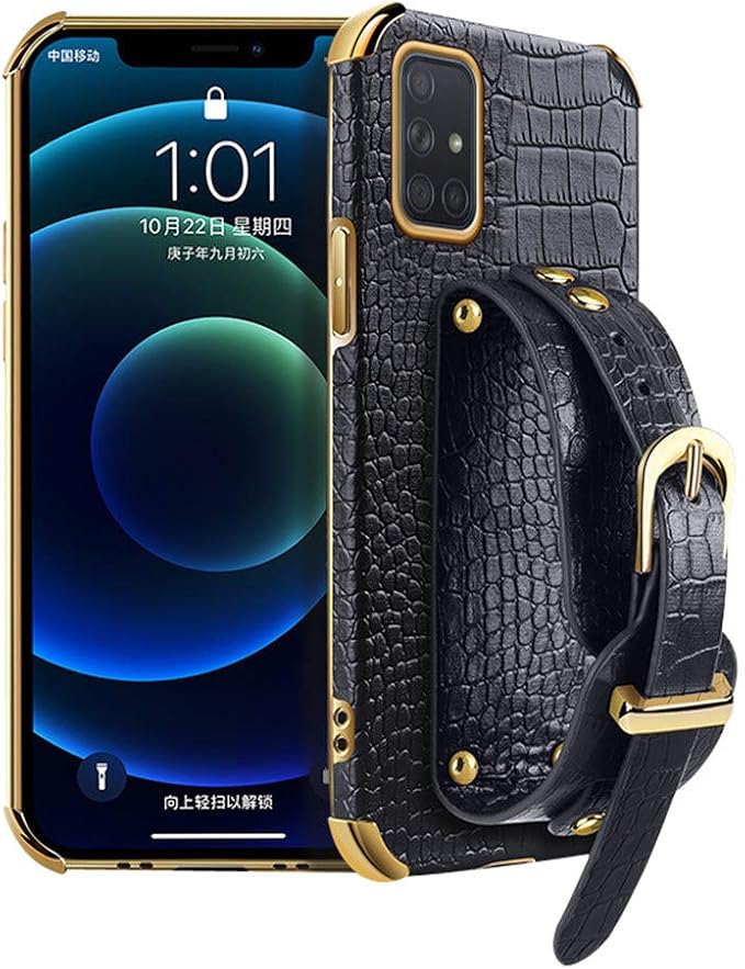 Leather Case Compatible with Samsung Galaxy S21 Phone Cases with Adjustable PU Wrist Strap Kickstand TPU Bumper Cover Shockproof Protective Running Armband Cool 6D Plating Shell(Black)