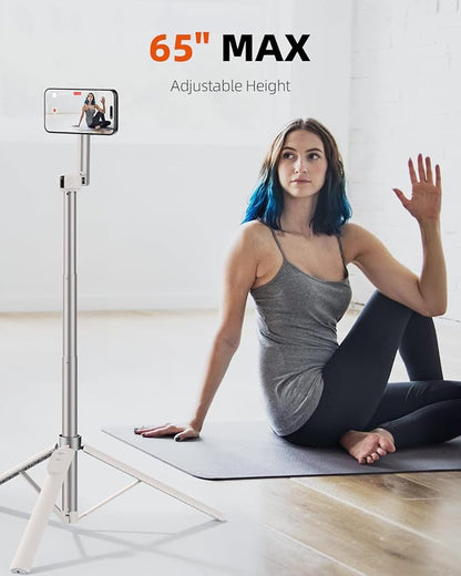 TODI 65" Magnetic Tripod for iPhone with Remote, Selfie Stick for iPhone Magsafe, Cell Phone Tripod Stand for Recording, Travel Tripod Compatible with 16/15/14/13/12 Series (White Sliver)