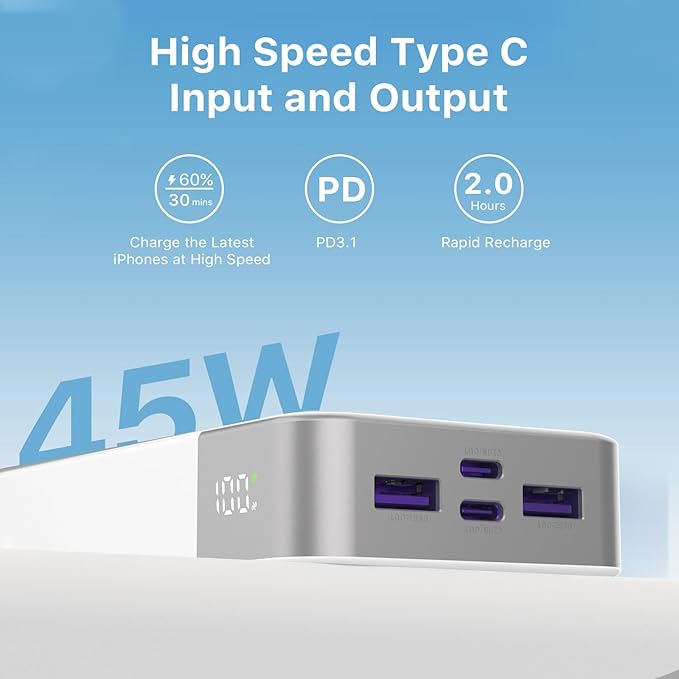 J2621 Power Bank Portable Charger 20000mAh 45W, PD3.0 QC 4.0 Fast Charging Battery Pack with LED Display,2 USB-C,2 USB-A for iPhone 15 16, MacBook