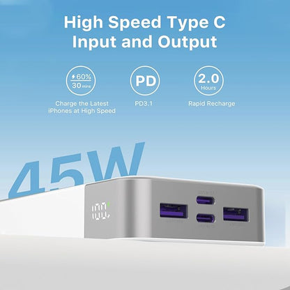 J2621 Power Bank Portable Charger 20000mAh 45W, PD3.0 QC 4.0 Fast Charging Battery Pack with LED Display,2 USB-C,2 USB-A for iPhone 15 16, MacBook