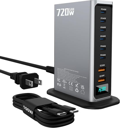 720W USB C Fast Charger Block, PD 3.1 140W 8 Port USB Charging Station, GaN Ⅲ Fast Charging Station for Multiple Devices, Laptop Charger Station Compatible with iPhone 17/iPad/MacBook,Samsung, Silver