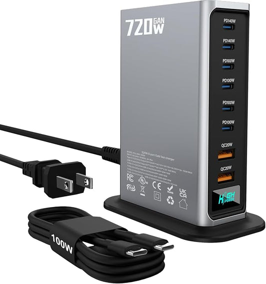 720W USB C Fast Charger Block, PD 3.1 140W 8 Port USB Charging Station, GaN Ⅲ Fast Charging Station for Multiple Devices, Laptop Charger Station Compatible with iPhone 17/iPad/MacBook,Samsung, Silver