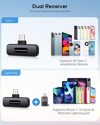 Wireless Mini Microphone for iPhone - 2 Pack Lavalier Microphone for Video Recording, 2 in 1 Noise Reduction Lapel Mic for Ipad, Android,Clip-on Mini Mic with Charging Case
