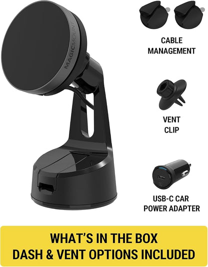 Scosche Qi2 Wireless MagSafe Car Mount Charger, 15W Magnetic Suction Cup Windshield/Dashboard Cell Phone Holder with Vent Clip & Fast USB-C Car Charger Compatible with Apple iPhone 16/15/14/13/12, S25