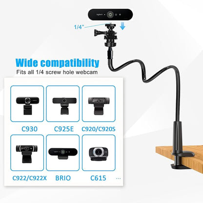 Webcam Stand for Desk, Flexible Gooseneck Webcam Mount Holder Arm with Phone Holder, Web Cam Stand Computer Camera Desk Mount for Logitech C922 C930e C920S C920 C615 C960 C920x BRIO 4K NexiGo N60