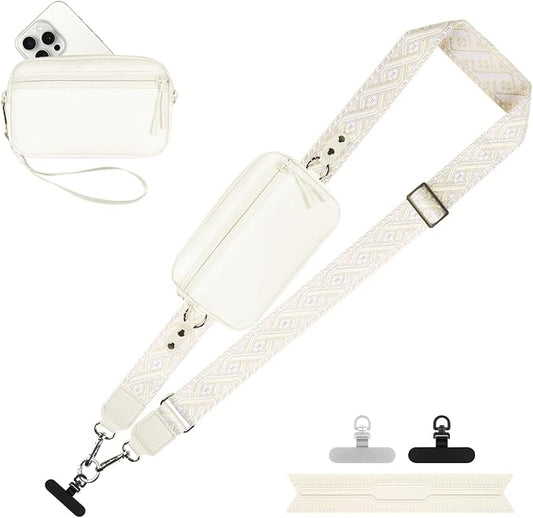 YFWE Clip and Go Strap for Phone with Wallet Crossbody, Adjustable Phone Lanyard with Detachable RFID Wristlet Wallet, Pattern Strap - Cream (L)
