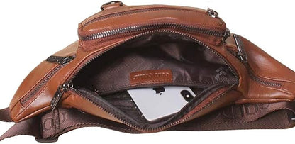 Hebetag Leather Fanny Pack Waist Bag for Men Women Outdoor Travel Walking Hiking Camping Phone Pouch Wallet Casual Daypack, Brown