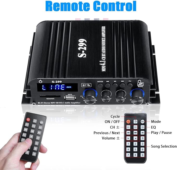 4.1 Channel Home Audio Amplifier Receiver, Bluetooth 5.0 Mini Amp with Subwoofer Output, RMS 4x50W MAX 800W for Home Theater/Car- USB/SD/AUX Input, for Passive Speakers and Active subwoofer