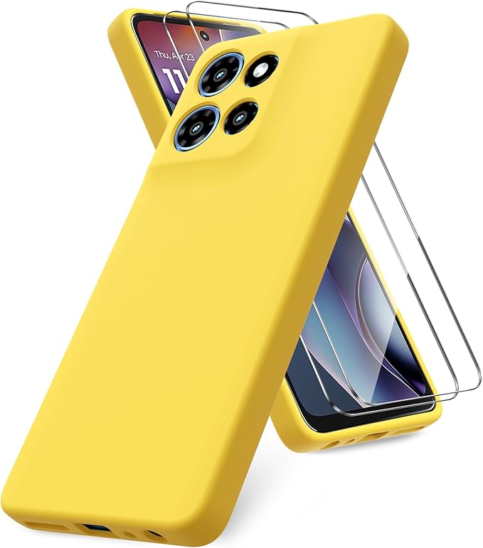 for Motorola Moto G 2025 Case, 2 Pack Tempered Glass Screen Protectors, Soft TPU Liquid Silicone Shockproof Gel Case-Yellow