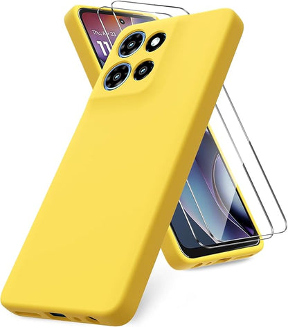 for Motorola Moto G 2025 Case, 2 Pack Tempered Glass Screen Protectors, Soft TPU Liquid Silicone Shockproof Gel Case-Yellow
