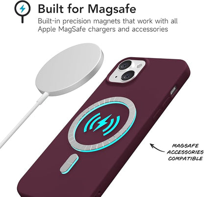 for iPhone 14/ iPhone 13 Case Silicone Compatible with Magsafe Case, Ultra Slim Thin Magnetic Phone Cases Mag Safe, Cute Soft Rubber Gel Matte Wireless Charging Cover for Women, Burgundy Maroon