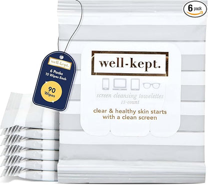 Well-Kept Tech & Lens Wipes - Eyeglass, Screen & Phone Cleaning, Multi-Surface, Lint-Free, Pre Moistened, Streak-Free & Non Scratching - Hamptons, 6 Pack (90 Count)