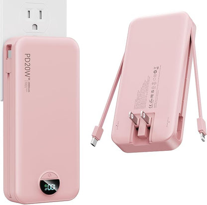 Nusyddy Portable Charger 20000mAh PD20W w/Built-in Cables & Wall Plug Pink | PD20W Fast Charging, High Capacity, LED Display, Charge 5 Devices at once, TSA Approved, Compatible with iPhone/iPad/Samsung