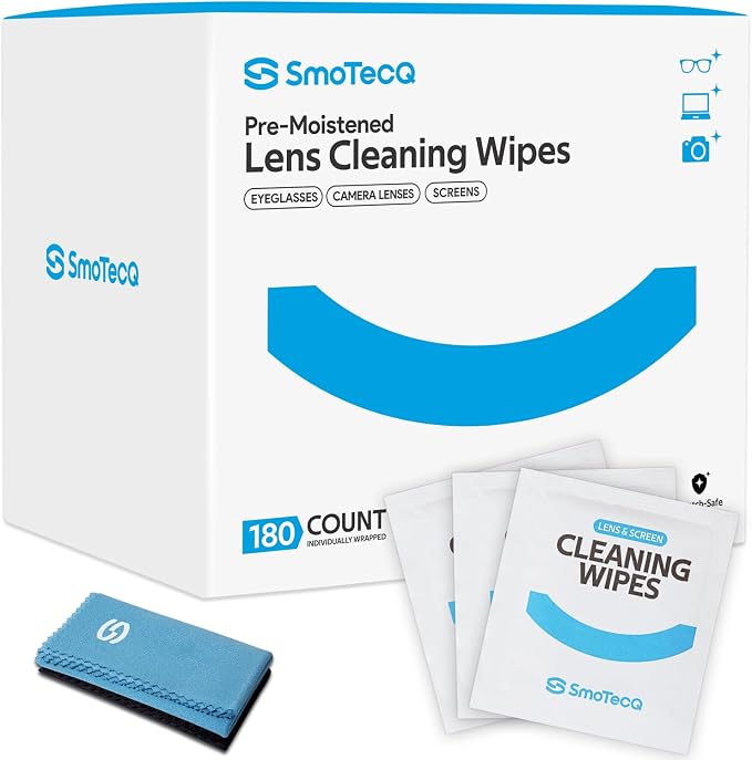 SmoTecQ Lens Wipes for Glasses, 180 Individually Wrapped Eyeglass Cleaning Wipes with 2 Microfiber Cloths for a Streak-Free Finish, Safe for Coated Lenses, Screens & Camera Lenses