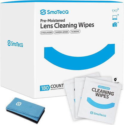 SmoTecQ Lens Wipes for Glasses, 180 Individually Wrapped Eyeglass Cleaning Wipes with 2 Microfiber Cloths for a Streak-Free Finish, Safe for Coated Lenses, Screens & Camera Lenses