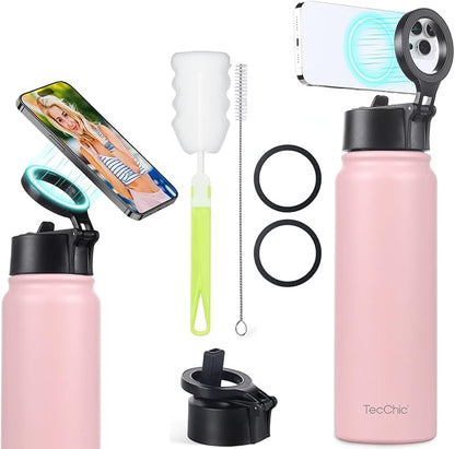 Insulated Water Bottle with Magnetic Phone Holder Compatible with MagSafe and iPhone,Double-Sided Magnet,Hot 12H Cold 24H,Stainless Steel Water Bottle Phone Mount for Sports Travel,27oz (Pink)
