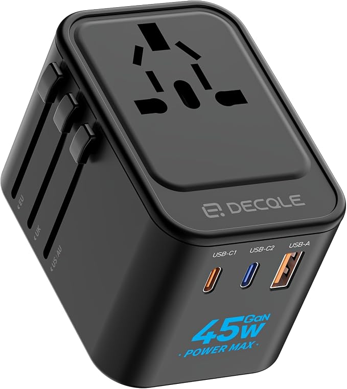 Universal Travel Adapter, 2 USB-C ＆ 1 USB-A, Cover 200+ Countries | GaN 45W, International Plug Adapter, All in One Portable Adapter, NOT A Voltage Converter, for USA, UK, EU, AU (Black)