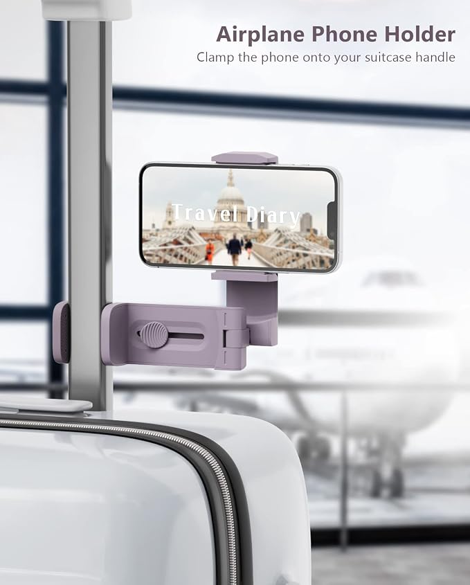 MiiKARE Travel Essentials Airplane Phone Holder, Universal Handsfree Phone Mount for Flying with 360 Degree Rotation, Travel Must Haves Phone Stand for Desk, Tray Table, Black&Purple