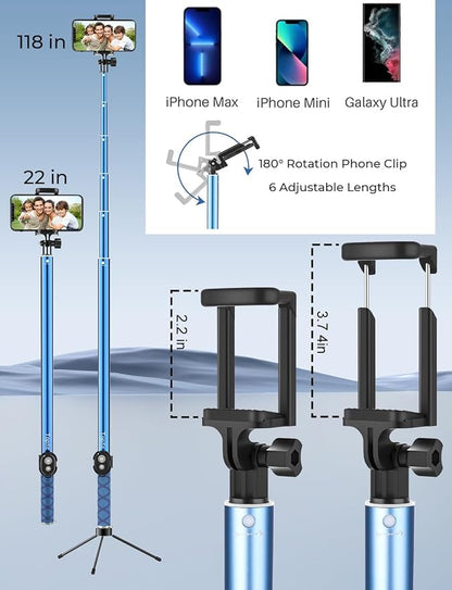 118'' 9.8ft Long Selfie Stick for iPhone, Android, Extended Super Long Pole, Selfie Stick Tripod with Remote, for Selfies/Video Recording, Includes Phone Tripod, Bluetooth Wireless Remote (20 to 118")