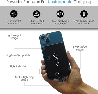 Clutch Pro – World's Thinnest iPhone Charger – Portable Power Bank 5000mAh – Magnetic Built-in Lightning Cable – TSA Approved Travel Charger – iPhone 14 & Earlier – Black