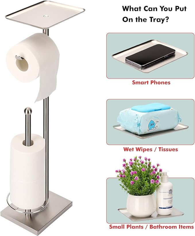 Toilet Paper Holder with Tray at The Top, Heavy-Weighted Stainless Steel Base No Wobbly, Freestanding Toilet Paper Rolls Stand, Hold Extra 3 Paper Rolls On The Base (Brushed Nickel)