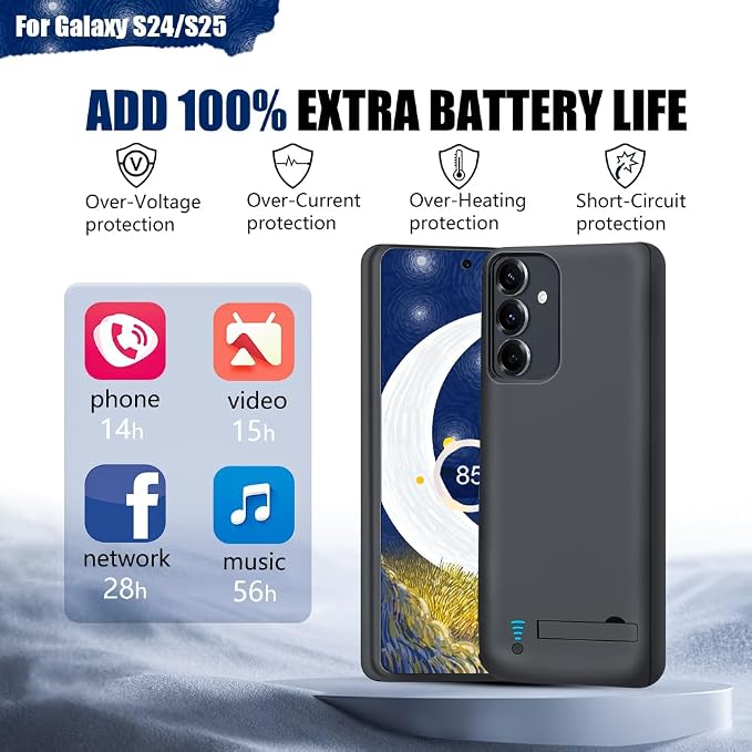 Upgraded Battery Case for Samsung Galaxy S25 / S24, 5000mAh Rechargeable Extended Battery Charging Charger Case, Add 100% Extra Juice, Not Compatible with S24+ or S24 Ultra (6.2 inch) Black