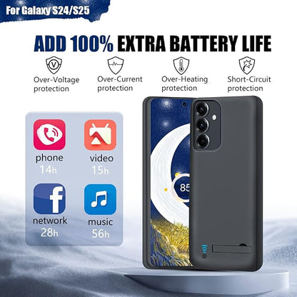 Upgraded Battery Case for Samsung Galaxy S25 / S24, 5000mAh Rechargeable Extended Battery Charging Charger Case, Add 100% Extra Juice, Not Compatible with S24+ or S24 Ultra (6.2 inch) Black