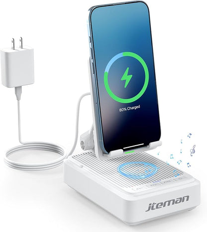 Jteman Cell Phone Stand with Bluetooth Speaker and Wireless Charger,Desktop Charging Station Stand Speaker for iPhone,Christmas Birthday Gift for Men Women (White)