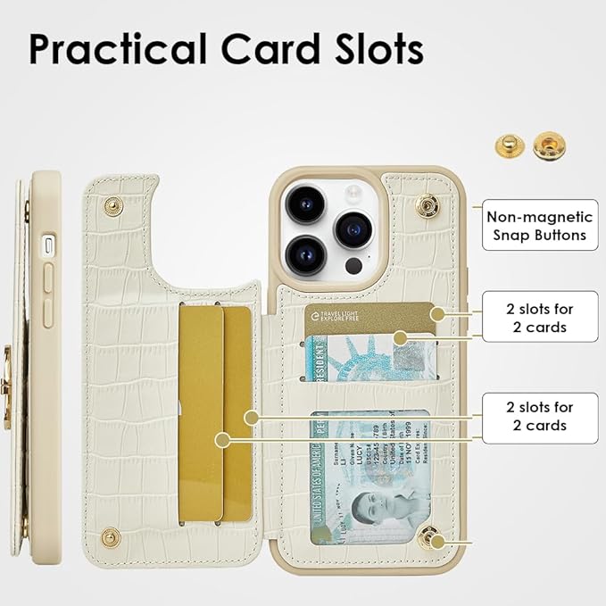 CUSTYPE for iPhone 14 Pro Phone Wallet Case with Card Holder,Ring Holder Kickstand Card Slots,Flip Leather Case Women and Men for iPhone 14 Pro 6.1"-Beige