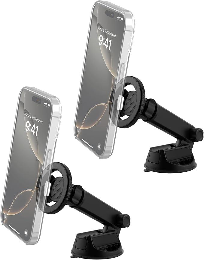 Scosche MagSafe Car Mount, Suction Cup Magnetic Windshield/Dashboard Cell Phone Holder with Vent Clip & Adjustable Flip Arm Compatible with PopSocket, iPhone 17/16/15/14/13/12, Samsung Galaxy, 2-Pack