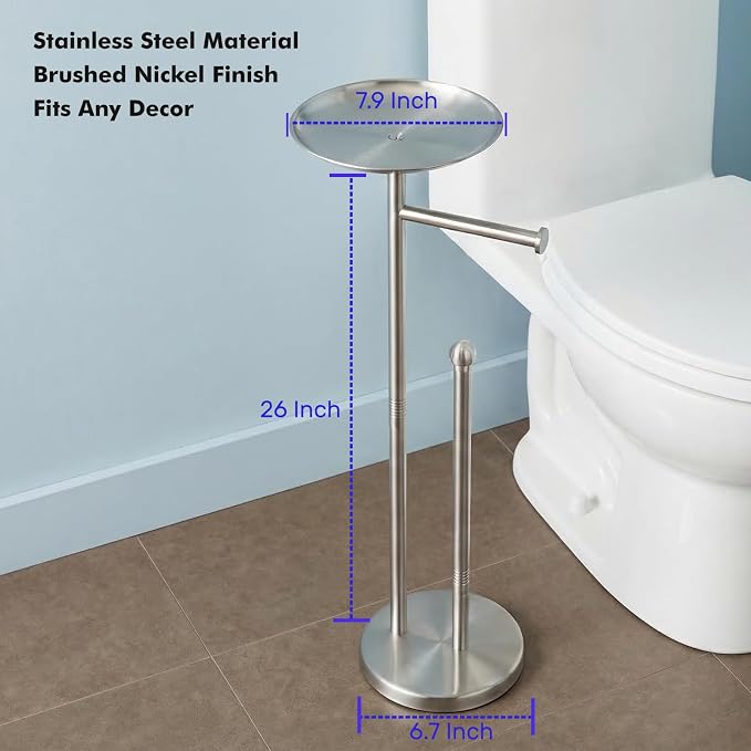 Toilet Paper Holder with Shelf, Toilet Paper Stand for Holding Extra 4 Toile Paper Rolls, Freestanding Toilet Paper Roll Storage, Heavy Base No Tipping Over (Stainless Steel, Brushed Nickel)