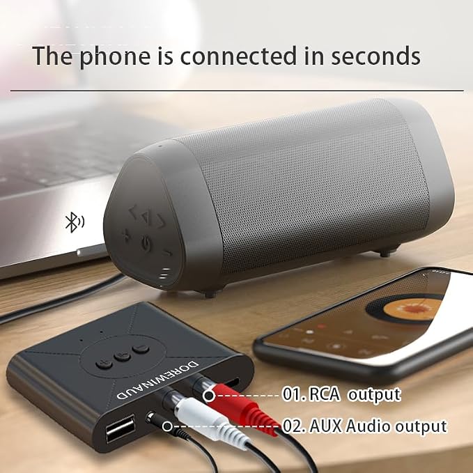 Bluetooth 5.3 Audio Receiver, Wireless Audio Receiver RCA Adapter for Stereo, USB Flash Drive/NFC One Key Connect/Car Speakers/Wireless Headphones Receiving Mode for Bluetooth Devices