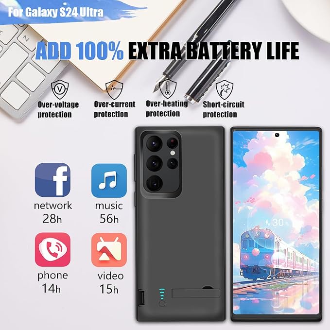 Upgraded Battery Case for Samsung Galaxy S24 Ultra, 5000mAh Rechargeable Extended Battery Charging Charger Case, Add 100% Extra Juice, Not Compatible with S24 or S24+ (6.8 inch) Black