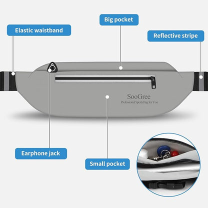 SooGree Running Waist Pack for Men Women, Lightweight Waterproof Sports Belt Bag, Phone Running Pouch, Night Reflective Fitness Storage Bag for Running Cycling Hiking Traveling (Gray)