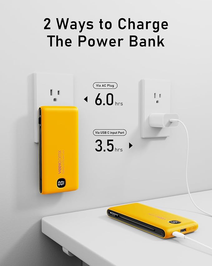 VEEKTOMX Portable Charger with Built in Cables 10000mAh, Power Bank for iPhone with Wall Plug, Travel Essential Fast Charging USB C Slim External Battery Pack for iPhone 17/16/15, Samsung, iPad, etc