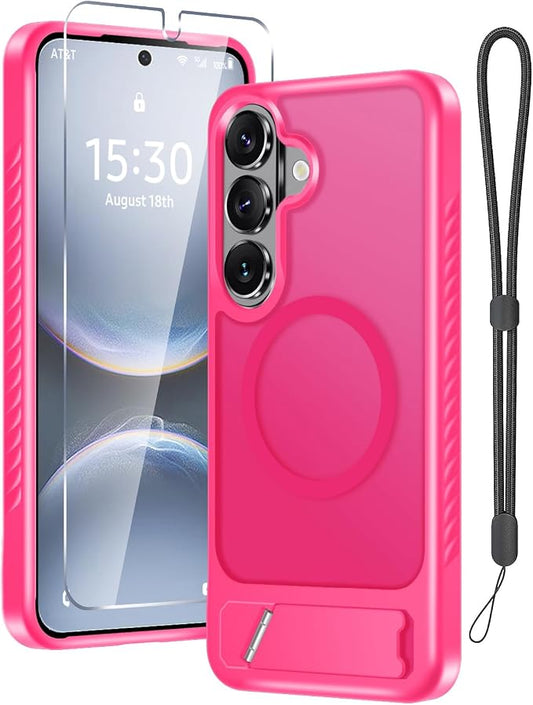 RMOCR for Samsung Galaxy S26 Case with Screen Protector+Lanyard Wrist Strap,Magnetic Translucent Matte Rugged Slim Phone Cover Built in Invisible Kickstand [Fit for MagSafe],2026 Hot Pink