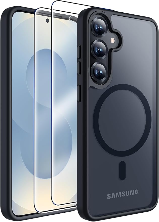 MOZOTER for Samsung Galaxy S25 Case with Magnetic,[Compatible with MagSafe][15Ft Military Dropproof][2*Screen Protector] Translucent Matte Anti-Slip Back Slim Shockproof Case for S25,6.2"-Black