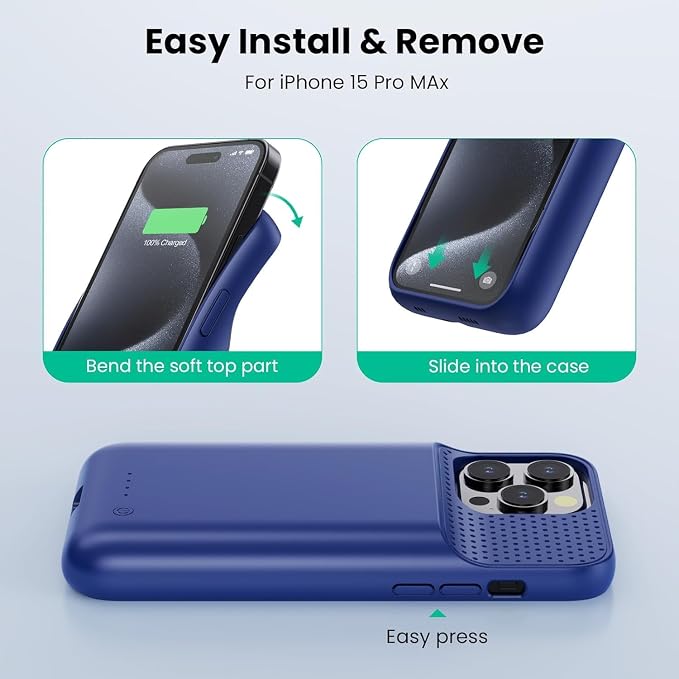 Battery Case for iPhone 15Pro Max, Upgrade 8600mah Portable Slim Battery Charging Case, 15W Fast Charging Rechargeable Protective Extended Charger Cover for iPhone 15 Pro Max (6.7 inch)-Blue