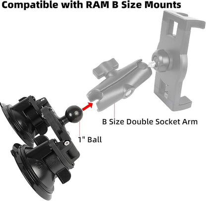 Dual Suction Cup Mount Base with 1-Inch Ball, Compatible with RAM Mounts B Size Double Socket Arms & 25mm Ball Systems