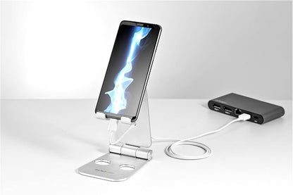StarTech.com Phone and Tablet Stand - Foldable Universal Mobile Device Holder for Smartphones & Tablets Adjustable Multi-Angle Ergonomic Cell Phone Stand for Desk Portable, 4in to 13in (USPTLSTND)