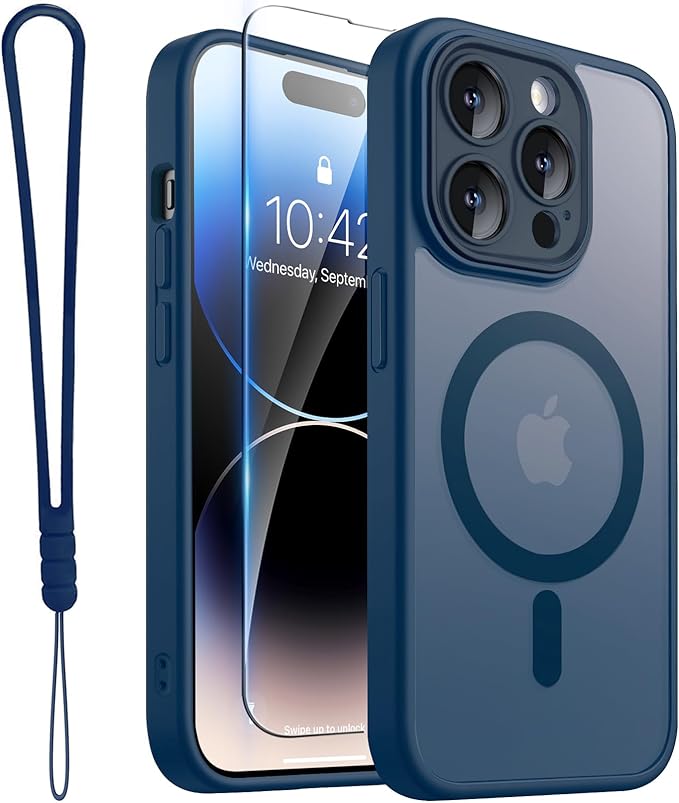 ROYBENS for iPhone 14 Pro-Max Matte Clear Case Compatible with Magsafe, Full Camera Lens Protection, Screen Protector, Wrist Strap, Translucent Magnetic Slim Hard Protective Phone Cover, Navy Blue