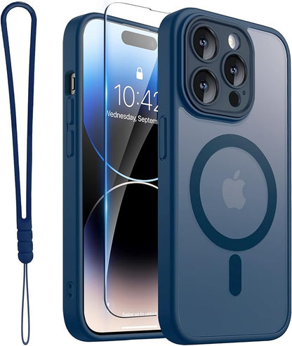 ROYBENS for iPhone 14 Pro-Max Matte Clear Case Compatible with Magsafe, Full Camera Lens Protection, Screen Protector, Wrist Strap, Translucent Magnetic Slim Hard Protective Phone Cover, Navy Blue